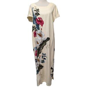Vintage Iolani Classics Womens Sz XL Cream Floral Aloha Sheath Maxi Dress Flaws